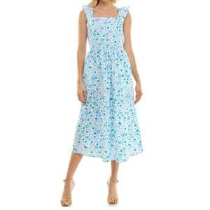 NWT Draper James Flutter Sleeve Ruffle Strap Midi Dress Blue Floral Paisley L